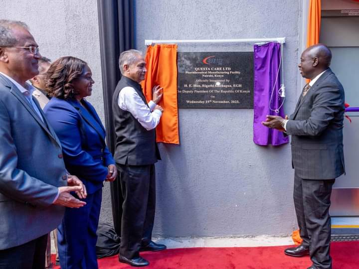 Deputy President Rigathi Gachagua while officially opening Questa Care Pharmaceutical as his Spouse Pastor Dorcas and company's directors looks on.