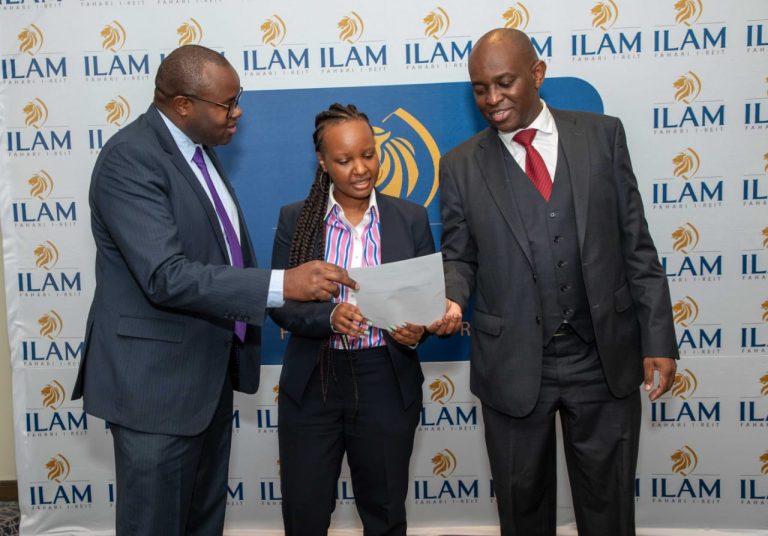 ILAM Fahari I-REIT CEO Raphael Mwito, Dyer and Blair Investment Bank Director Cynthia Mbaru, and ILAM CEO Einstein Kihanda