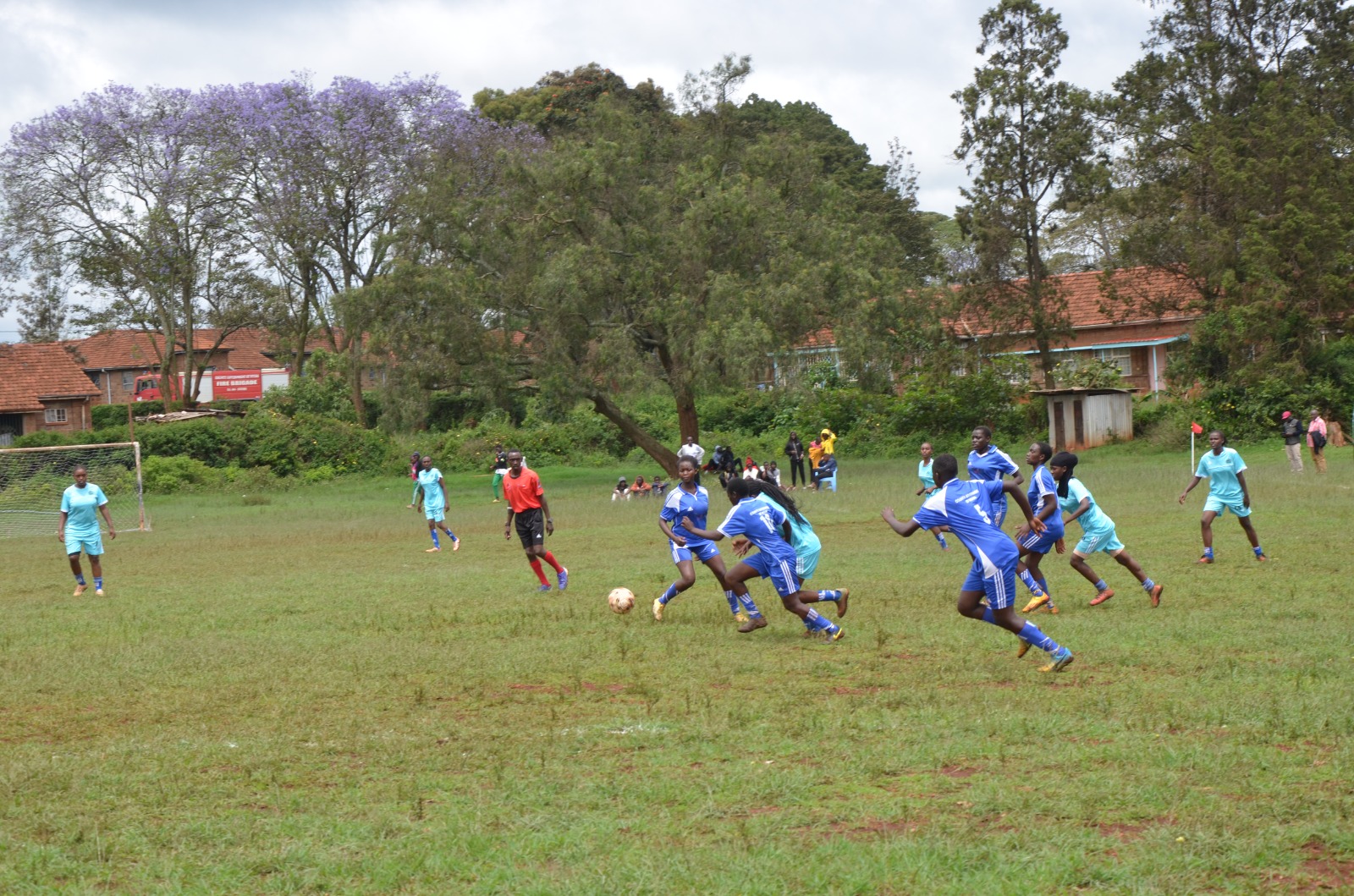 Migori County Girls team (in Sky Blue Jersey) battle it out with Marsabit county's team at Nyeri Primary School yesterday.