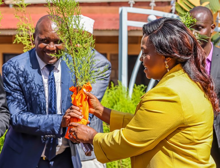Pastor Dorcas hands a tree seedling to one of the 1,000 clergy in Tharaka Nithi