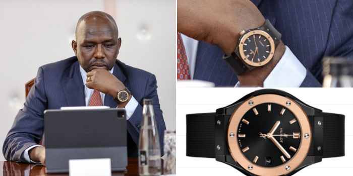 A photo collage of Transport Cabinet Secretary Kipchumba Murkomen wearing a Hublot Classic Fusion Ceramic King Gold watch at State House on June 27, 2023 (left) and the price of the watch as sold by the manufactu