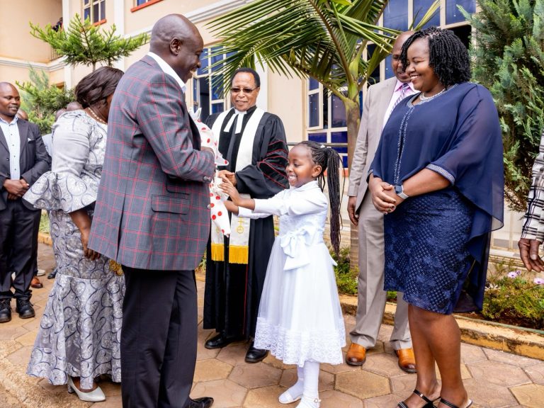 Deputy President Rigathi Gachagua and his spouse Pastor Dorcas receiving bouquet of flowers on arrival at Karatina PCEA church on Sunday