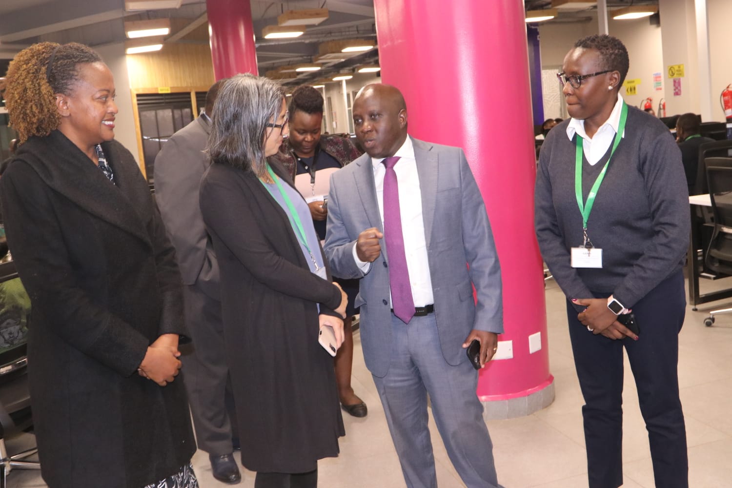 BPO Chairperson Roselyn Maundu (left) Sama Global CEO Wendy Gonzalez (centre) sharing a word with Pprincipal Ssecretary John Tanui (second right) and Sama Director Annepeace Alwala (Right).