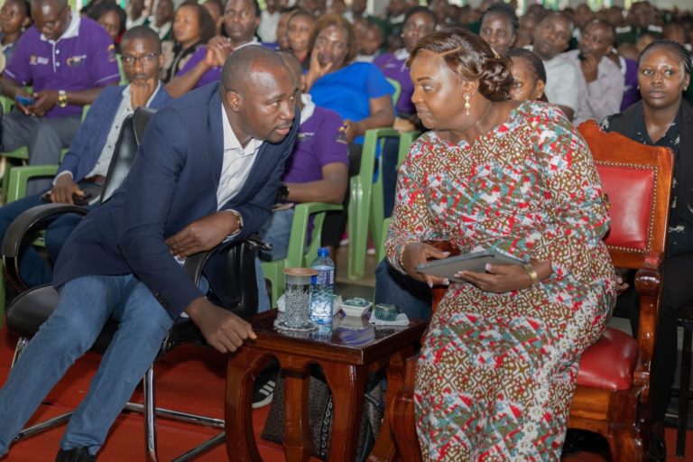 The Spouse of the Deputy President Pastor Dorcas Rigathi confers with Manyatta MP John Mukunji