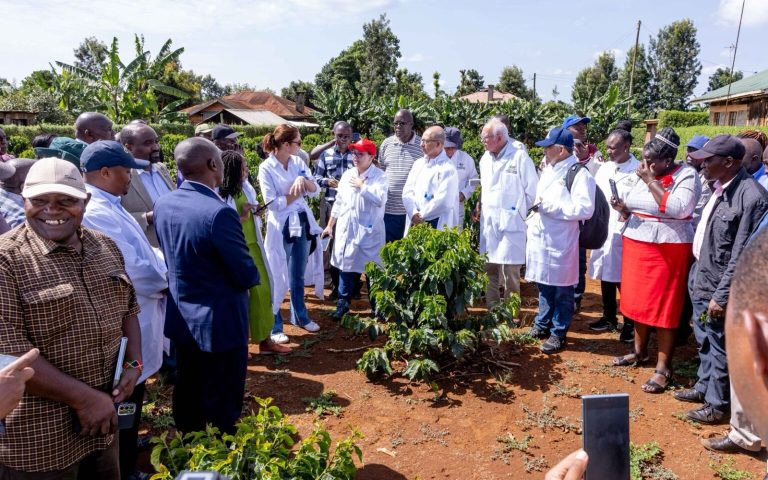 A delegation from Colombia meets with over 200 local coffee growers in Nyeri County for a collaborative discussion on coffee farming practices on February 27, 2024.