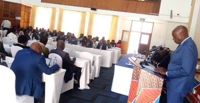 Cabinet Secretary Ezekiel Machogu addressing the meeting yesterday