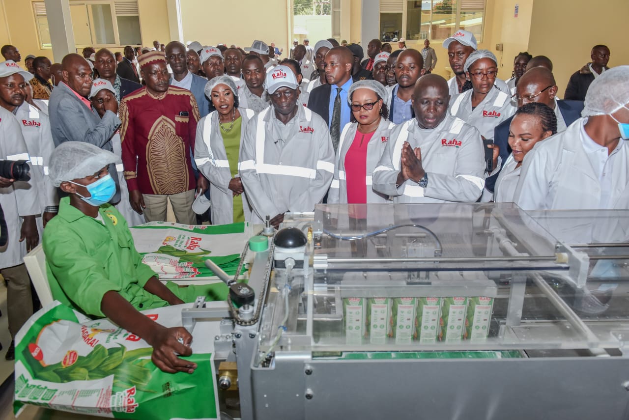 Deputy President Rigathi Gachagua and other leaders being taken through Joy Millers plant yesterday.