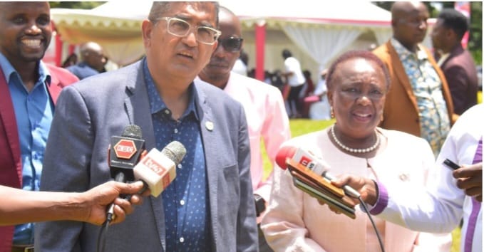 North Imenti MP Rahim Dawood and Meru Women Representative Elizabeth Kailemia addressing the media in Meru town