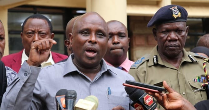 Kirinyaga County Commissioner Hussein Allasow addressing the media on Monday.