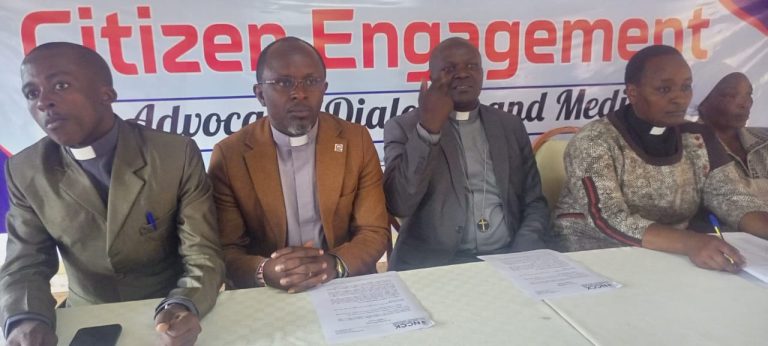 Newly elected Nyeri county NCCK chairman Rev Patrick Kimathi (2nd right) with other new committee members addressing the press shortly after they concluded their elections