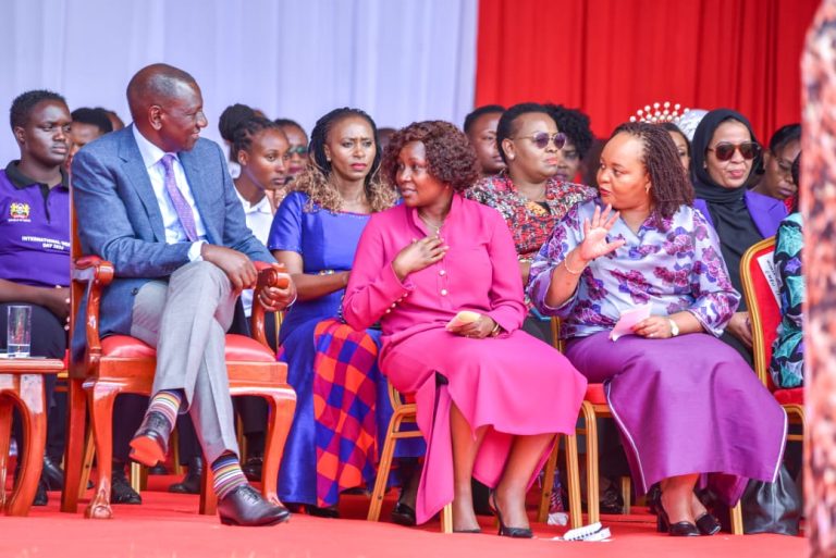 President William Ruto with Embu governor Cecily Mbarire and her Kirinyaga counterpart Ann Waiguru in Embu yesterday