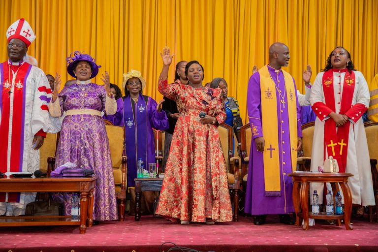 Pastor Dorcas Rigathi (centre) at the Redeemed Gospel Church in Huruma where the new Presiding Bishop John Bankosky Kitonga