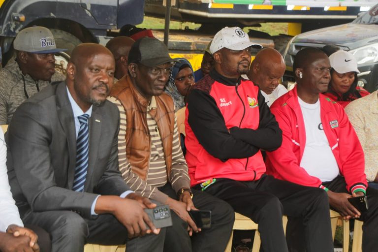Cabinet Secretary Moses Kuria, Principal Secretary for Petroleum Mohamed Liban, Nyeri Town MP Duncan Maina Mathenge and other leaders at Kinunga stadium on Saturday