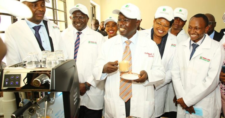 Deputy President Rigathi Gachagua at Murang'a Coffee Mill in company of Cooperative Cabinet Secretary Simon Chelugui and Murang'a Governor irungu Kang'ata