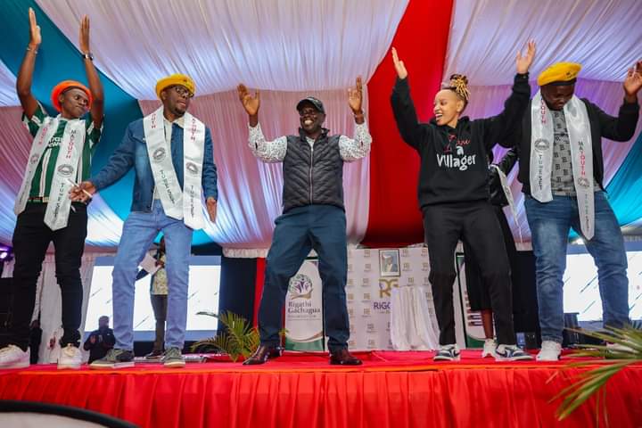 Deputy President Rigathi Gachagua in a jig with a section of leaders and youths at Nyeri National Polytechnic on Saturday evening.