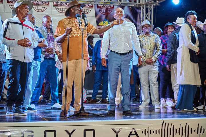 Deputy President Rigathi Gachagua introducing Nyeri businessman cum politician Dr Thuo Mathenge as Kieni constituency MP Wainaina Njoroge and other leaders looks on.