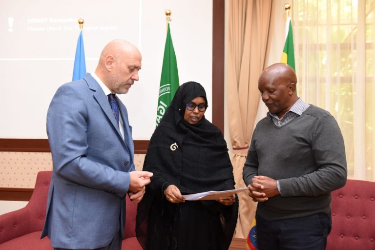 FAO Resilience Team Leader for Eastern Africa Cyril Ferrand, IGAD Head of Mission in Kenya Dr. Fatuma Adan and EU Delegation Kenya Programme Manager Stephen Wathome
