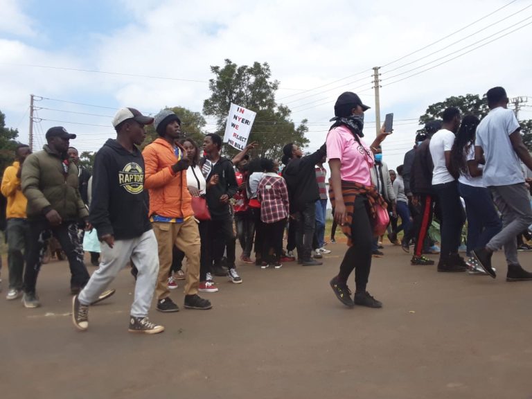 Hundreds of protesters have paralysed businesses in Nyeri town. PHOTOS BY JAMES MURIMI