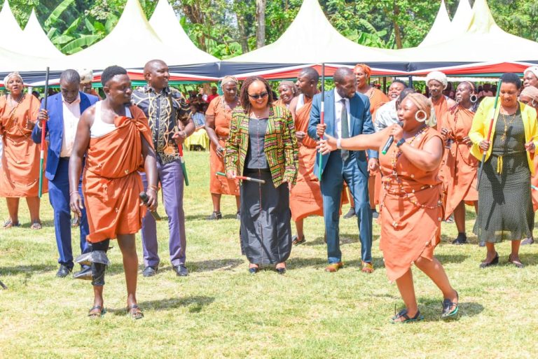 Kirinyaga County governor Ann Waiguru and other leaders join traditional dances during the Madaraka Day celebrations