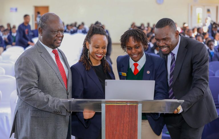 Nova Pioneer founding director Christopher Khaemba, Nova Pioneer Tatu City girls principal Dr. Nyaboke Nduati, Wabui Omenge a student at Nova Pioneer Tatu City girls