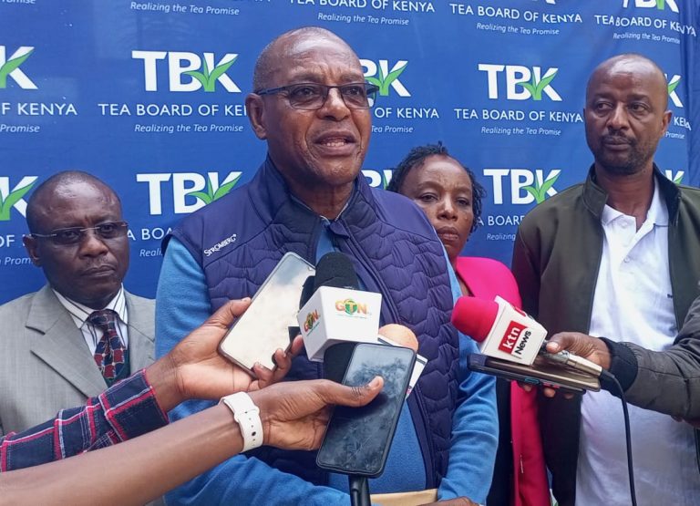Tea Board of Kenya Jacob Kahiu addressing journalists at FK Resort and SPA on Friday