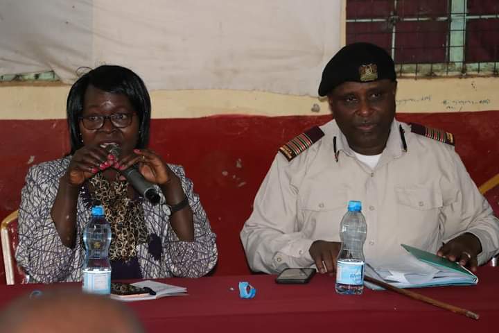 Central Region Director of Education Sabina Aroni and Kirinyaga County Commissioner Hussein Allasow during the Principals meeting on Monday