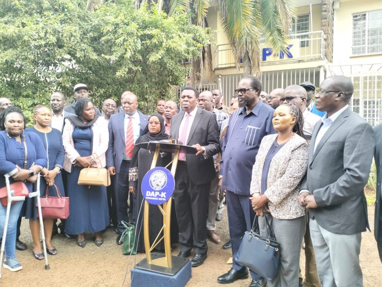 DAP-K party leader Eugene Wamalwa and other members addressing the media at its party headquarters