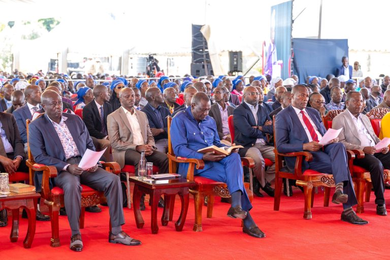 Deputy President Rigathi Gachagua, President William Ruto and Nyandarua Gobvernor Kiarie Bandilisha at AIPCA Ndogino in Ndaragwa Constituency, Nyandarua County