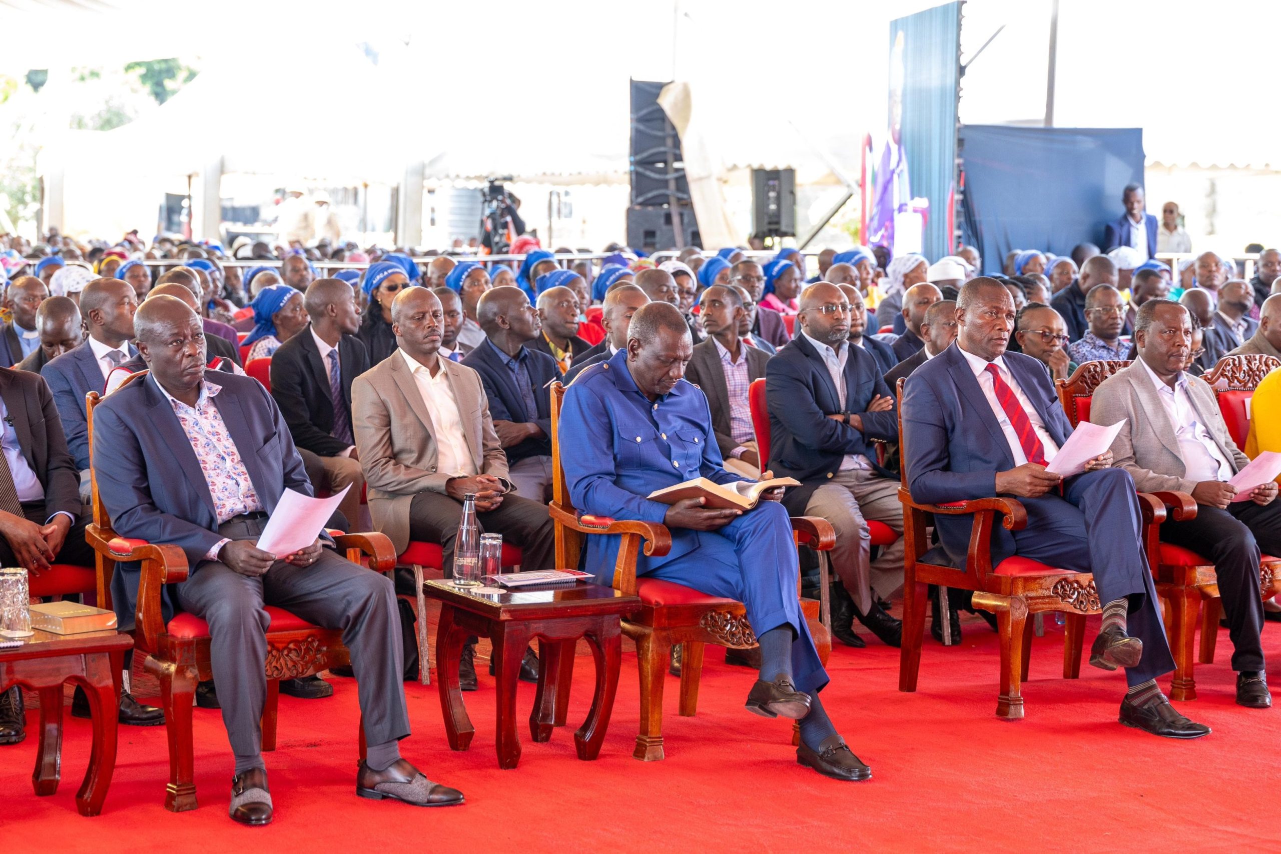 Deputy President Rigathi Gachagua, President William Ruto and Nyandarua Gobvernor Kiarie Bandilisha at AIPCA Ndogino in Ndaragwa Constituency, Nyandarua County