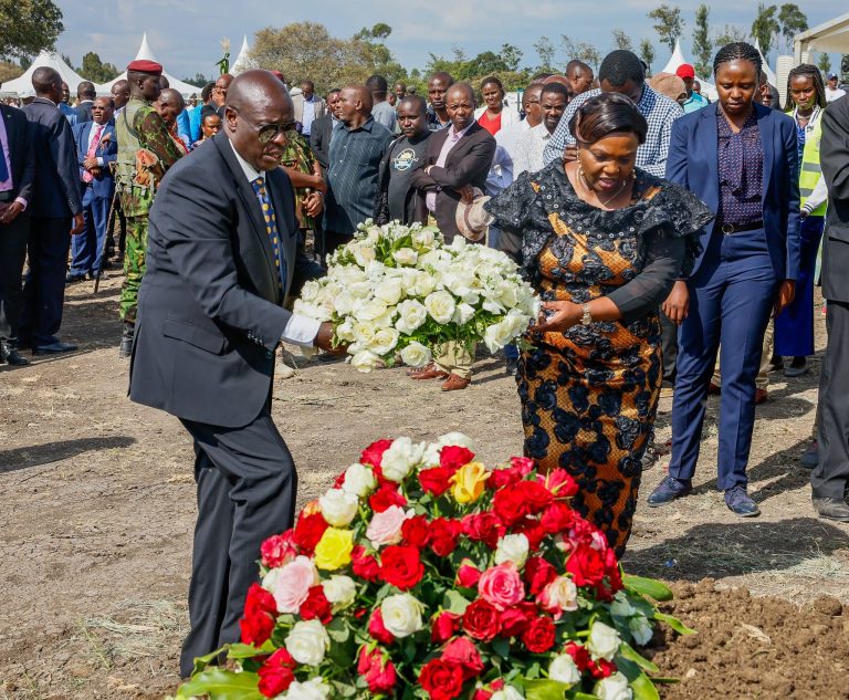 Deputy President Rigathi Gachagua and his spouse Pastor Dorcs laying wreth at eldest Sister Leah Wangari Muriuki grave at Mirera in Nanyuki