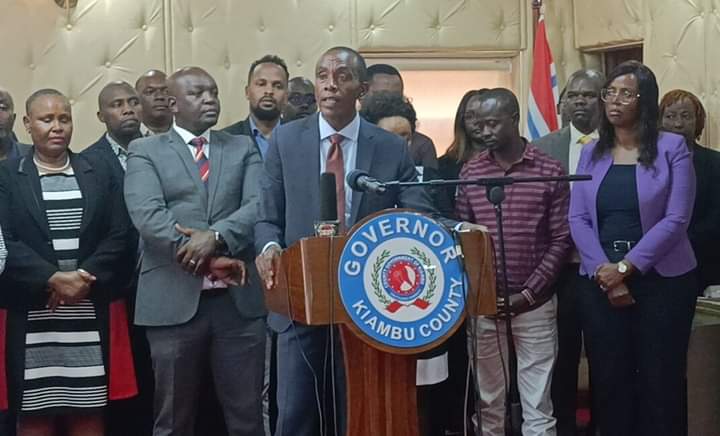 Governor Kimani Wamatangi and other county officials addressing the media on Friday