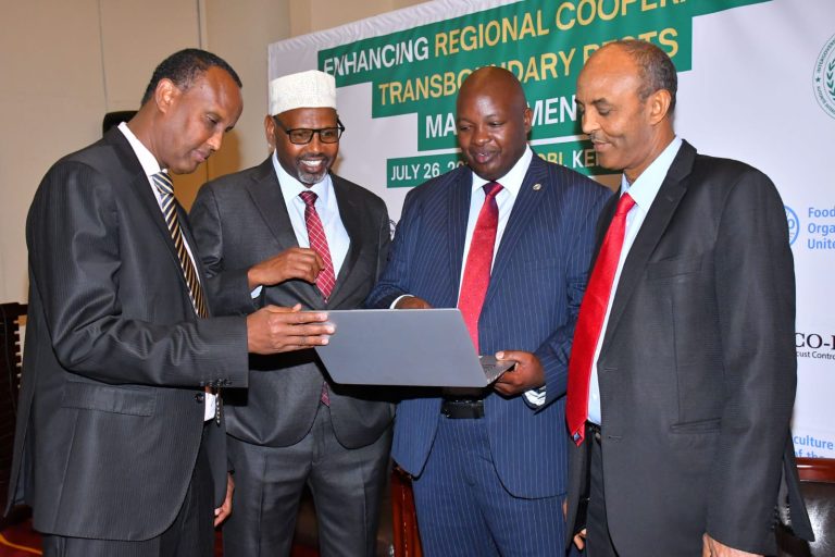 IGAD Food Security, Nutrition and Resilience Analysis Hub (IFRAH) Coordinator Abdi Fidar, Somalia State Minister of Agriculture Asad Abdirazak & Desert Locusts Control Organisation for Eastern Africa Director Moses Mwesigwa during the IGAD Ministerial Meeting to establish a sustainable framework capable of effectively mitigating the impact of transboundary pests in the IGAD Region.