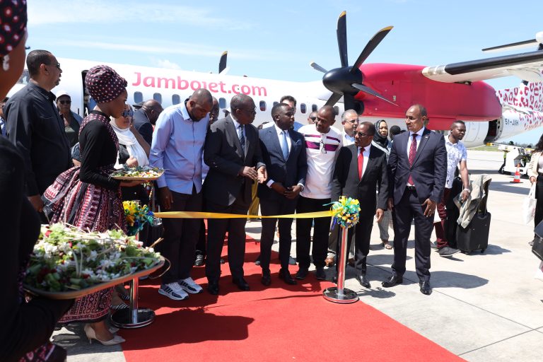 Ribbon Cutting L to R Osman Mohammed, CECM Tourism, Mombasa County Hon. Mudrick Soraga, Minister of Tourism, Zanzibar Karanja Ndegwa, CEO & MD Jambojet Hon. Dr Bernard Kibesse, High Commissioner, Tanzania
