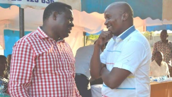 Tharaka Nithi County governor Muthomi Njuki (left) with Cabinet Secretary nominee Prof. Kithure Kindiki