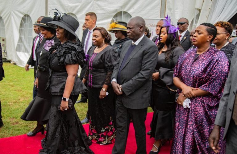 The Deputy President Rigathi Gachagua, Pastor Dorcas Rigathi, Rev Kathy Kiuna and Ev. Teresia Wairimu during the burial of Bishop Allan Kiuna in Thindigua, Kiambu County on Wednesday