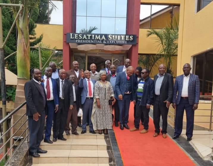 The New Democrats political party officials pose for a photo at Bantu Africa Resort and SPA near Nyeri town after their meeting