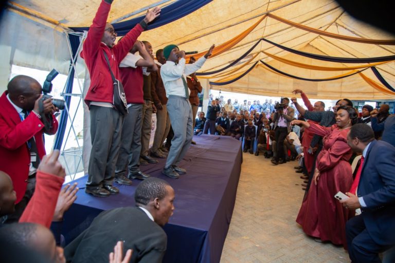 The spouse of the Deputy President Pastor Dorcas Rigathi dances to a rap song against alcohol and drugs during the alcohol and drugs sensitization meeting
