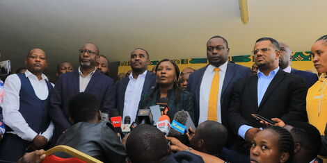 UDA chairperson Cecily Mbarire and the party's Secretary General Cleophas Malala addressing the media at party headquarters along Ngong road, Nairobi.