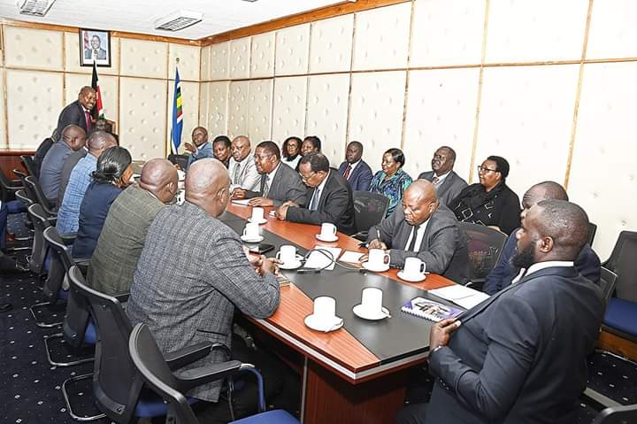 Cabinet Secretary Eric Murithi Mugaa with senior ministry officials during yesterday's meeting.