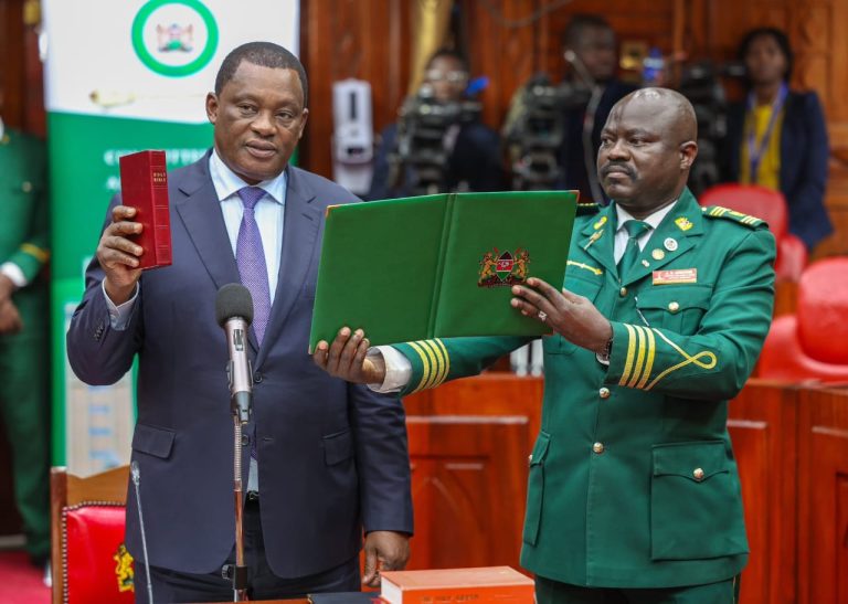 Cabinet Secretary nominee for Public Service and Human Capital JB Muturi taking oath before the parliamentary vetting committee.