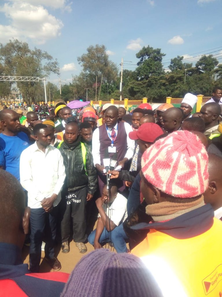 Calvin Okumu, a member of the Digital Boda Drivers and Deliveries Association of Kenya addressing the media on the pressing challenges within the digital economy