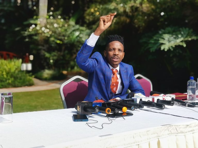 Eric Omondi,a Kenyan Comedian and activist addressing the media on the process of collecting signatures to push for a national referendum