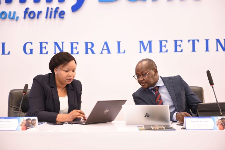 Family Bank CEO Nancy Njau (left)