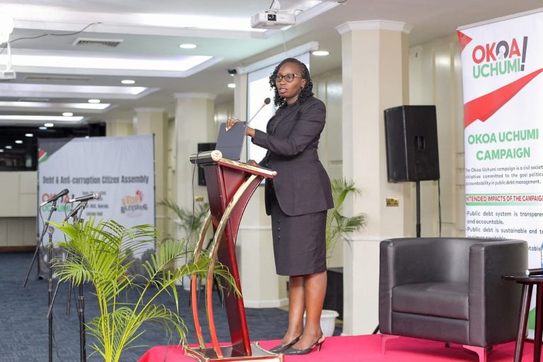 Law Society of Kenya president Mrs. Faith Odhiambo issuing her address at the Okoa uchumi press conference.