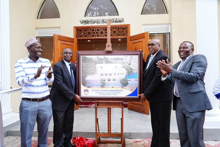 MKU Board of Directors Chairman Prof Simon Gicharu (third right) and Chancellor Dr Vincent Gaitho (right), VC Prof Deo Jaganyi (second left) hand over the new mosque facility at MKU Thika campus to the Muslim fraternity on Thursday.