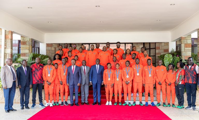 President William Ruto, Deputy President Rigathi Gachagua, speaker Moses Wetangula with Olympiads at the Eldoret Sports Club in Uasin Gishu County
