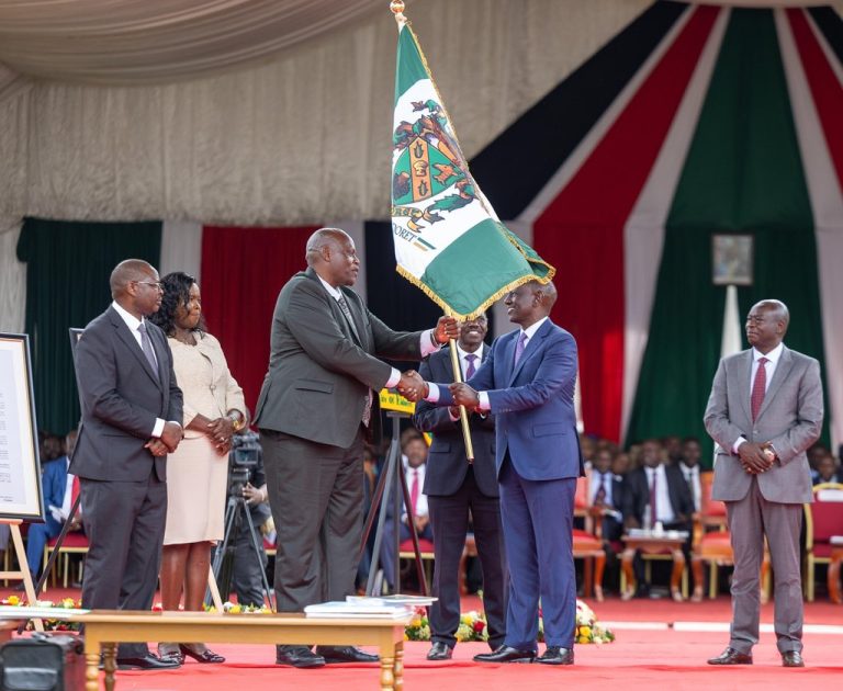 President William Ruto at the Eldoret Sports Club in Uasin Gishu County, presided over the conferment of City status to Eldoret Municipality looking on far right Deputy President Rigathi Gacha