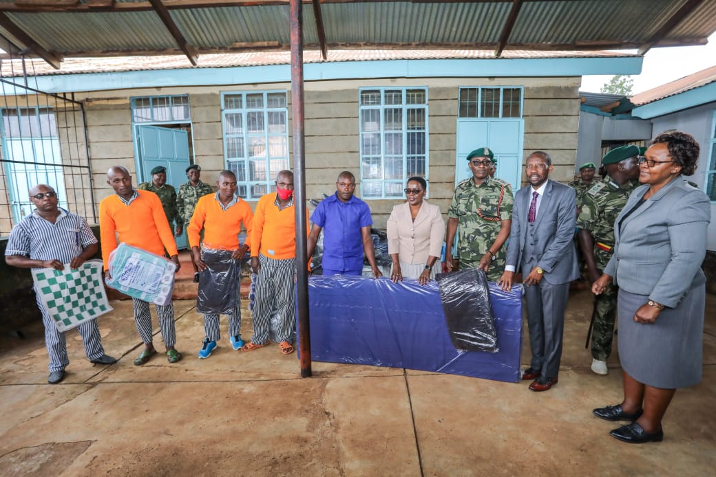 Principal Secretary in the State Department for Correctional Services, Dr. Salome Muhia Beacco and Commissioner General of Prisons Patrick Arundah and Kirinyaga County Deputy Governor David Githanda at Mwea prison
