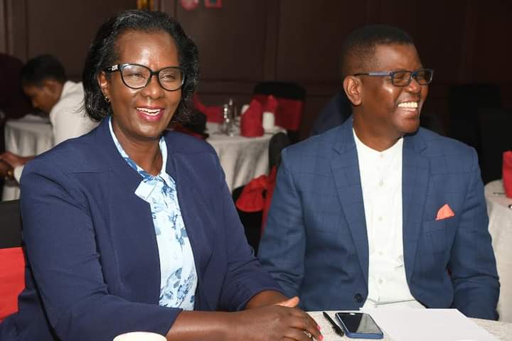 Salaries and Remuneration Commission Chairperson Lyn Cherop Mengich (L) and Vice-Chairperson Dr. Amani Yuda Komora sharing a light moment during the media breakfast meeting on the Commission’s SRC End-of-Term Report (2018/2019-2023/2024) at Swiss-BelHotel International in Nairobi.