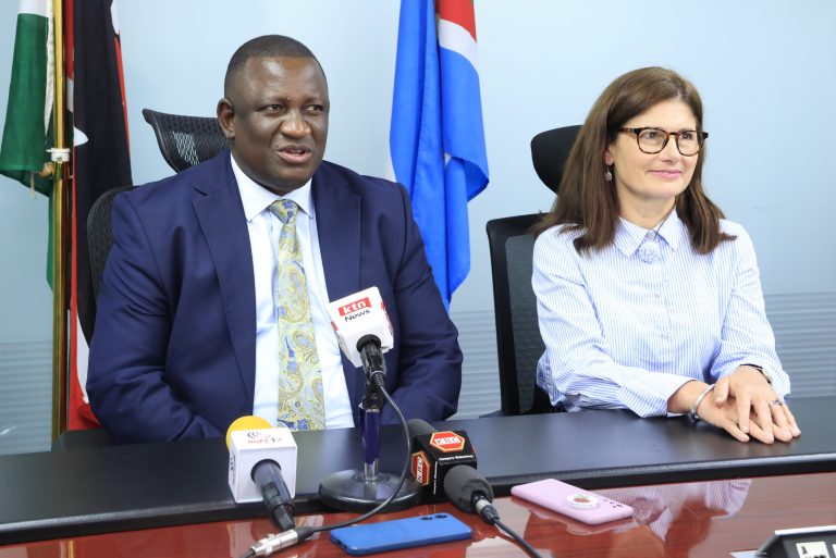 In picture, Investments, Trade & Industry cabinet Secretary Salim Mvurya and EU Ambassador to Kenya, Henriette Geiger speaking to Journalists